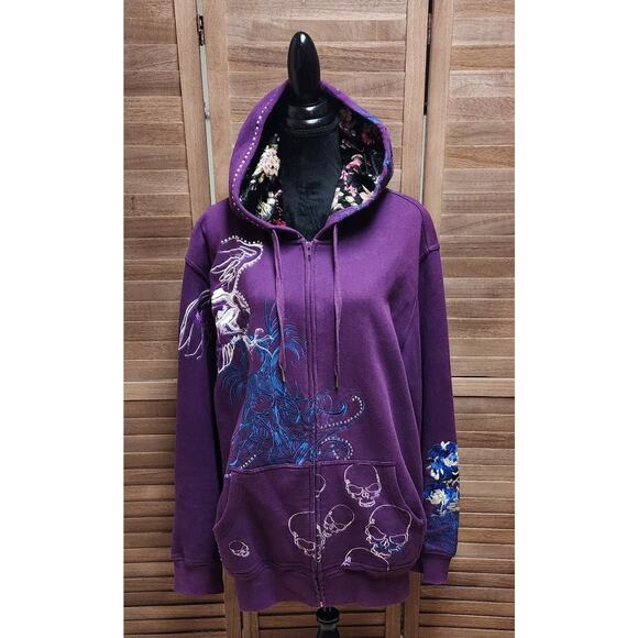 Ruthless Art 2X Beaded, Embroidered Purple Full Zip Floral Skull Hooded Sweater - Picture 1 of 7